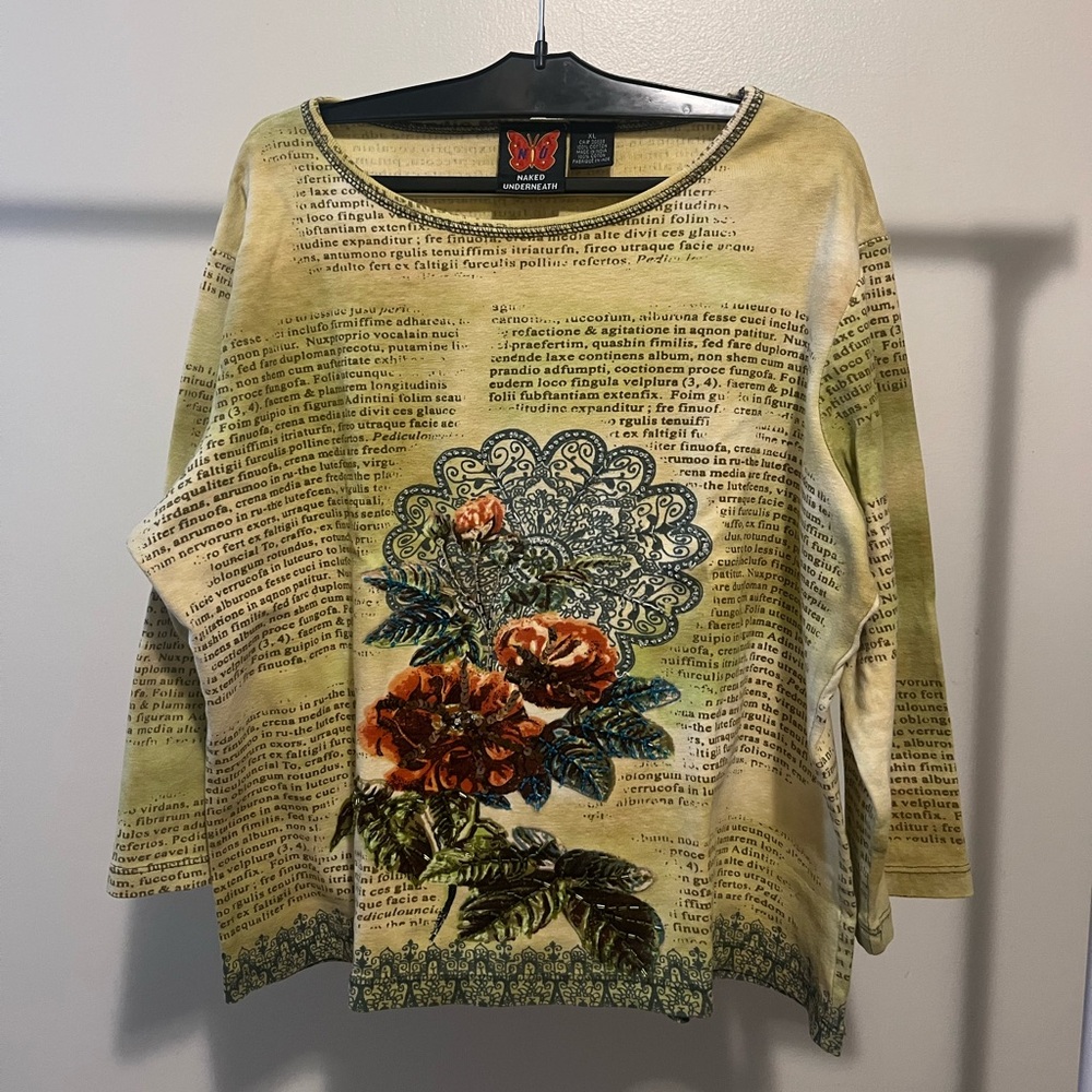 Naked Underneath Floral Text Print Long Sleeve Top